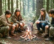 Home Jonge woudlopers leren samen veilig vuur maken in het bos