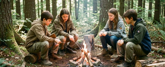 Jonge woudlopers leren samen veilig vuur maken in het bos