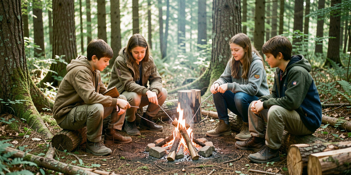 Jonge woudlopers leren samen veilig vuur maken in het bos